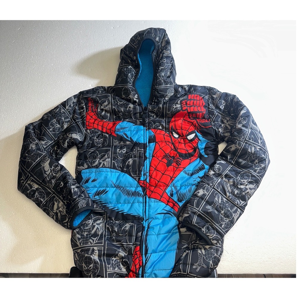 Marvel Spider-Man Reversible‎ Puffer Sherpa Jacket Kids Size 18/20 Blue Black